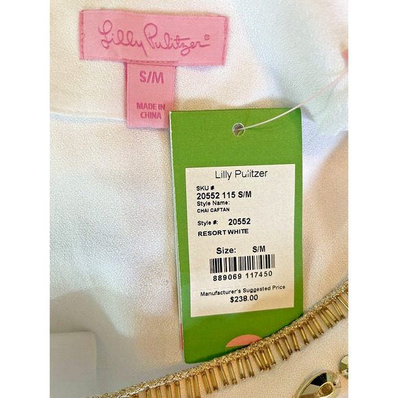 NWT Lilly Pulitzer Chai Resort White Caftan Kaftan Gold Accents Sz S/M - Picture 6 of 9